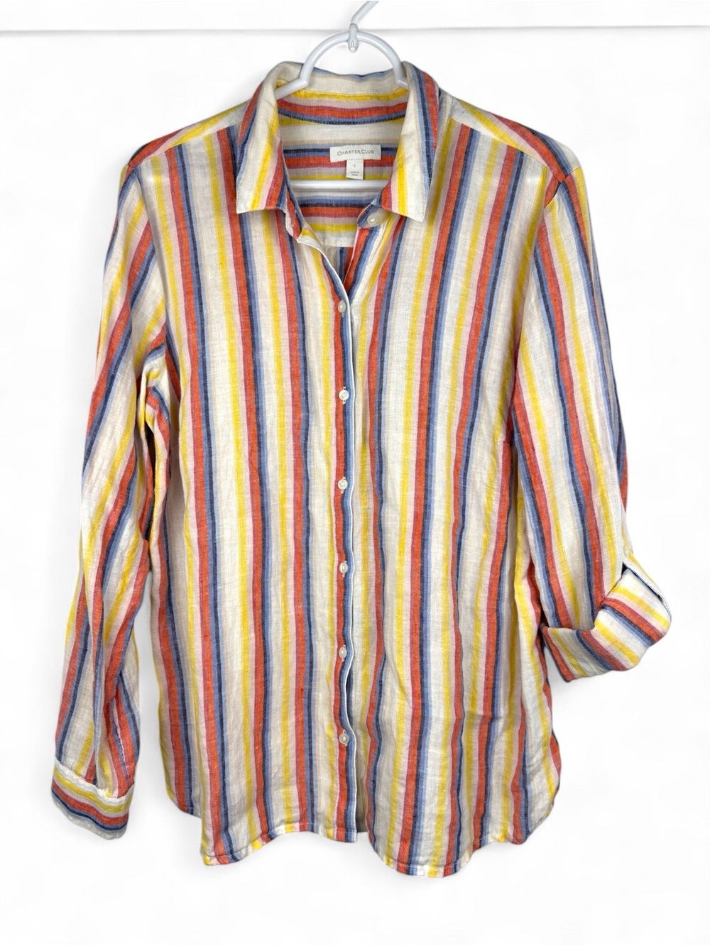 Charter Club 100% Linen Striped Button Up Shirt Size L Summer